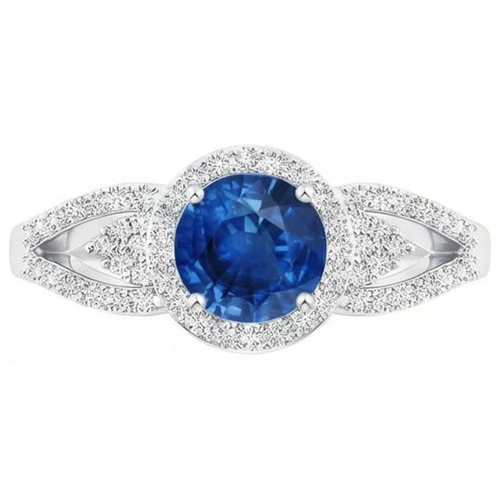 2.65 Ct Round Cut Sapphire And Natural Earth Mined Diamonds Ring White Gold