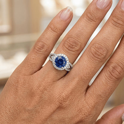 2.65 Ct Round Cut Sapphire And Natural Earth Mined Diamonds Ring White Gold