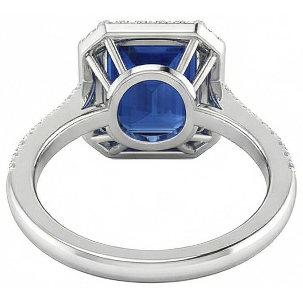 2.70 Carats Blue Emerald Cut Sapphire With Natural Earth Mined Diamond Ring 14K White Gold
