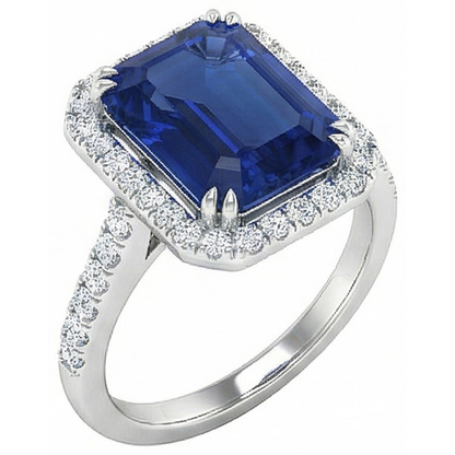 2.70 Carats Blue Emerald Cut Sapphire With Natural Earth Mined Diamond Ring 14K White Gold