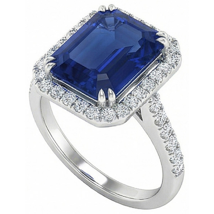 2.70 Carats Blue Emerald Cut Sapphire With Natural Earth Mined Diamond Ring 14K White Gold