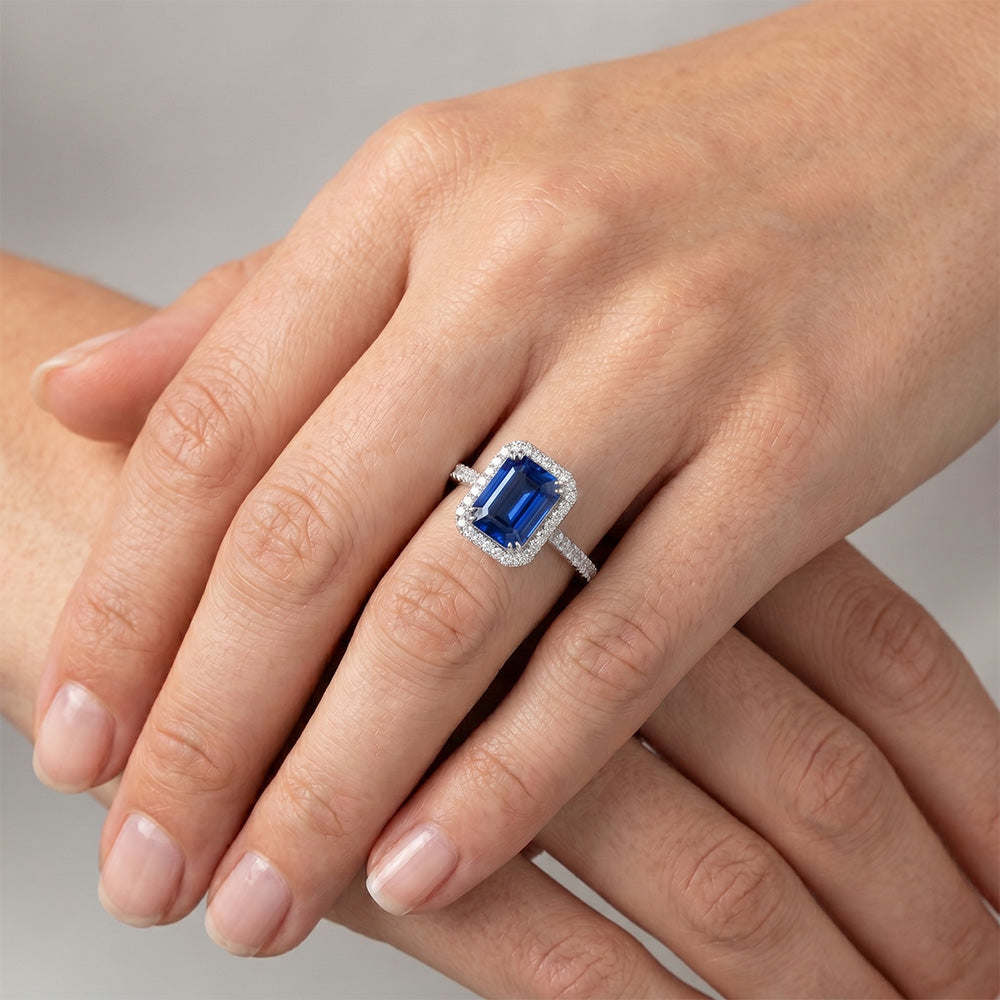 2.70 Carats Blue Emerald Cut Sapphire With Natural Earth Mined Diamond Ring 14K White Gold