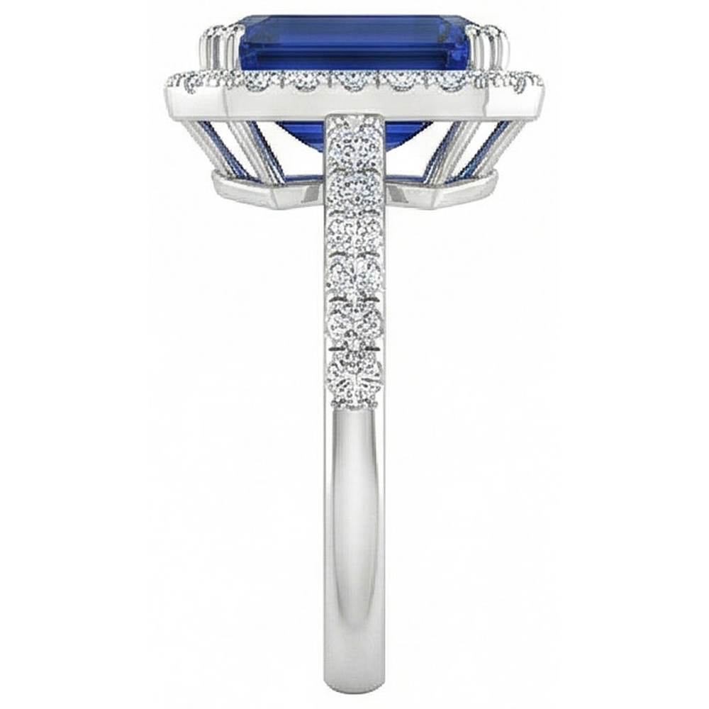 2.70 Carats Blue Emerald Cut Sapphire With Natural Earth Mined Diamond Ring 14K White Gold