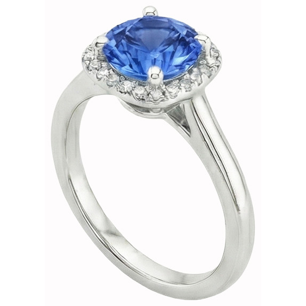 2.70 Carats Halo Ceylon Sapphire Natural Earth Mined Diamonds Ring White Gold 14K