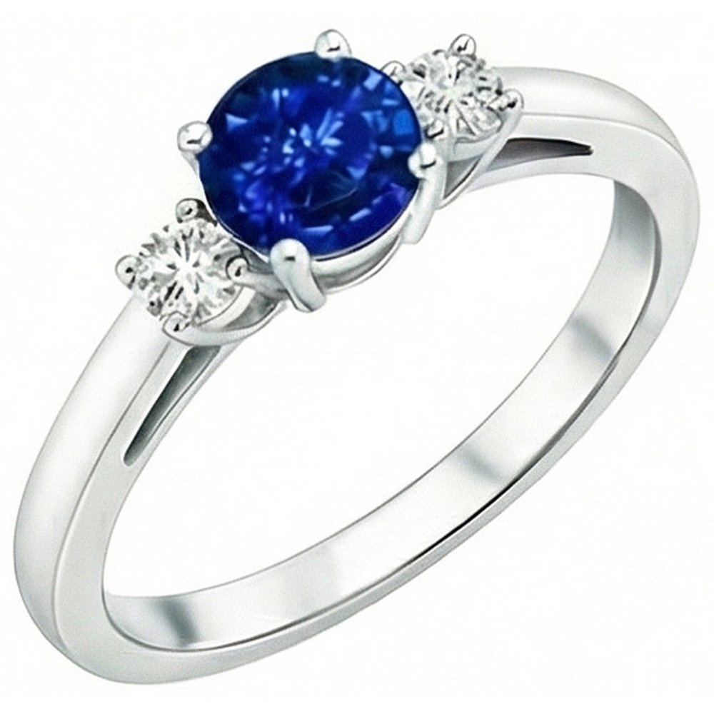 2.70 Ct Blue Sapphire And Natural Earth Mined Diamonds Three Stone Ring Gold 14K