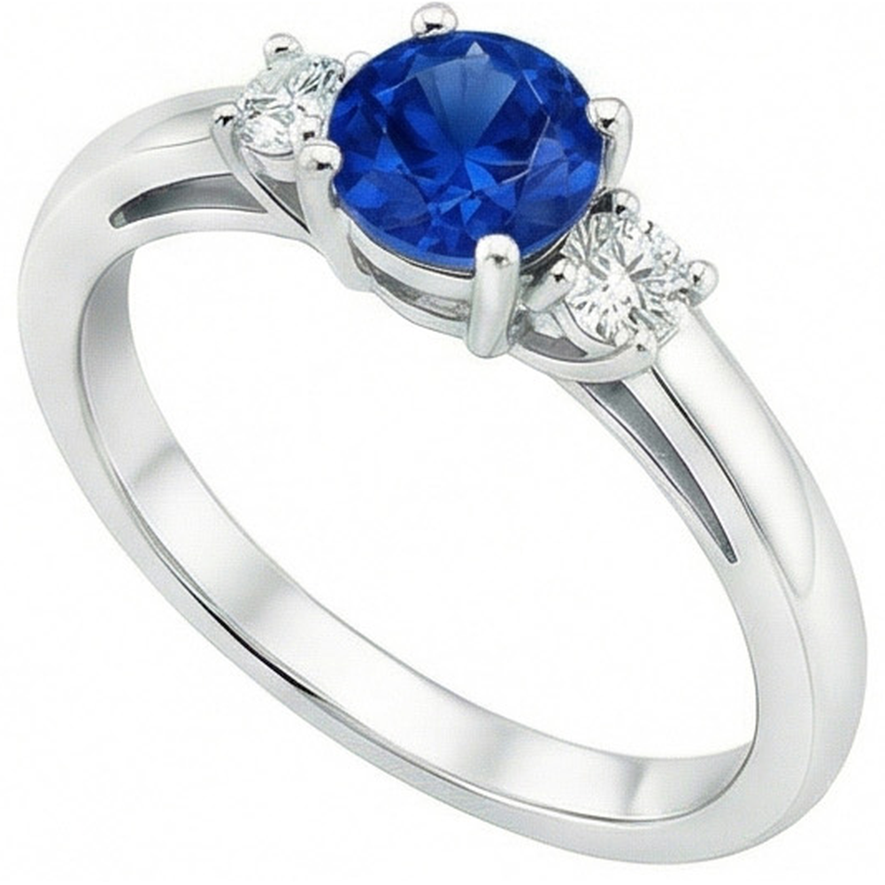2.70 Ct Blue Sapphire And Natural Earth Mined Diamonds Three Stone Ring Gold 14K