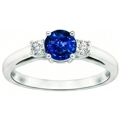 2.70 Ct Blue Sapphire And Natural Earth Mined Diamonds Three Stone Ring Gold 14K