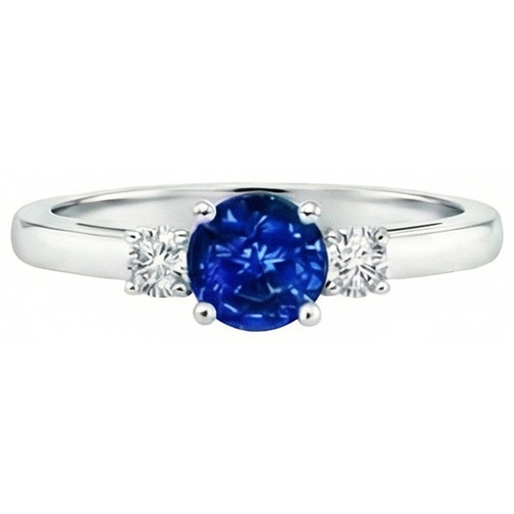 2.70 Ct Blue Sapphire And Natural Earth Mined Diamonds Three Stone Ring Gold 14K