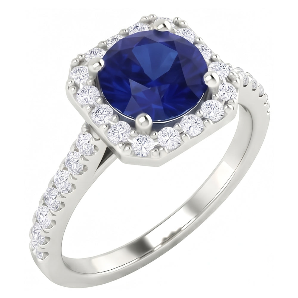 2.70 Ct Ceylon Sapphire & Natural Earth Mined Diamonds Halo Ring White Gold 14K