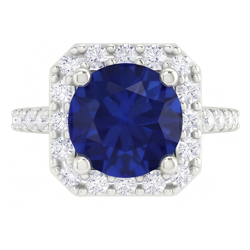 2.70 Ct Ceylon Sapphire & Natural Earth Mined Diamonds Halo Ring White Gold 14K