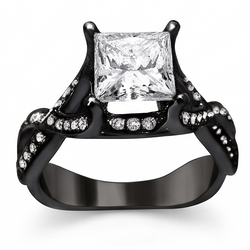 2.75 Carats Princess & Round Genuine Natural Earth Mined Diamond Fancy Ring Black Gold 14K