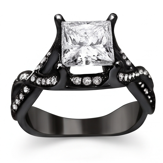 2.75 Carats Princess & Round Genuine Natural Earth Mined Diamond Fancy Ring Black Gold 14K