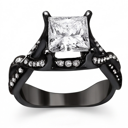 2.75 Carats Princess & Round Genuine Natural Earth Mined Diamond Fancy Ring Black Gold 14K