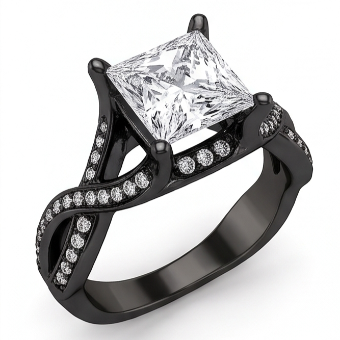 2.75 Carats Princess & Round Genuine Natural Earth Mined Diamond Fancy Ring Black Gold 14K