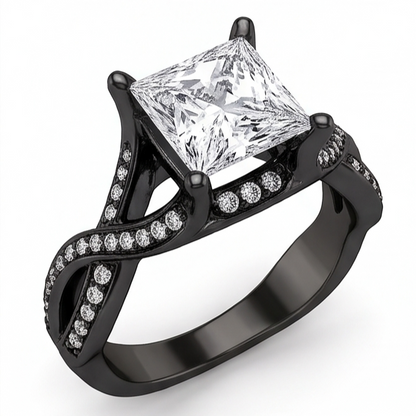 2.75 Carats Princess & Round Genuine Natural Earth Mined Diamond Fancy Ring Black Gold 14K