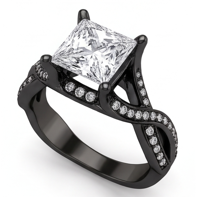2.75 Carats Princess & Round Genuine Natural Earth Mined Diamond Fancy Ring Black Gold 14K