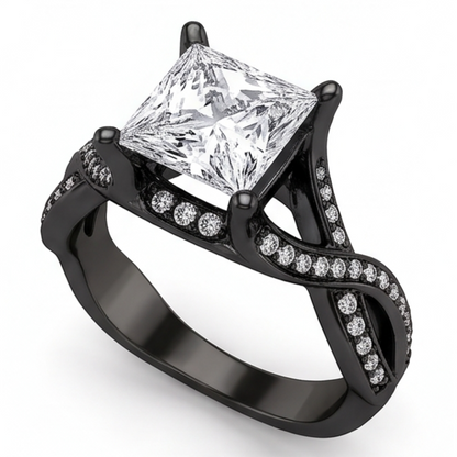 2.75 Carats Princess & Round Genuine Natural Earth Mined Diamond Fancy Ring Black Gold 14K