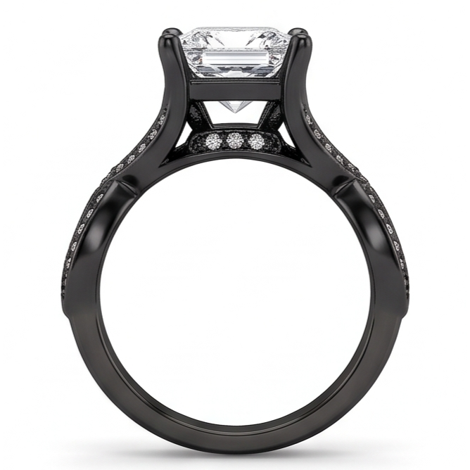 2.75 Carats Princess & Round Genuine Natural Earth Mined Diamond Fancy Ring Black Gold 14K