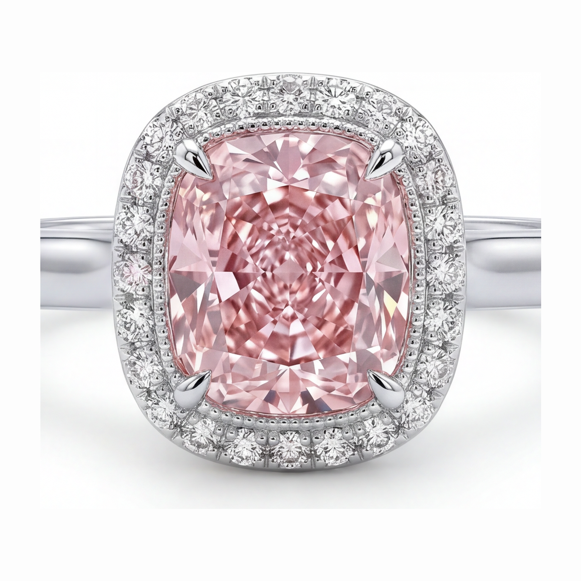2.75 Carat Cushion Pink Lab Grown Diamond and White Diamond Halo Ring 14K White Gold