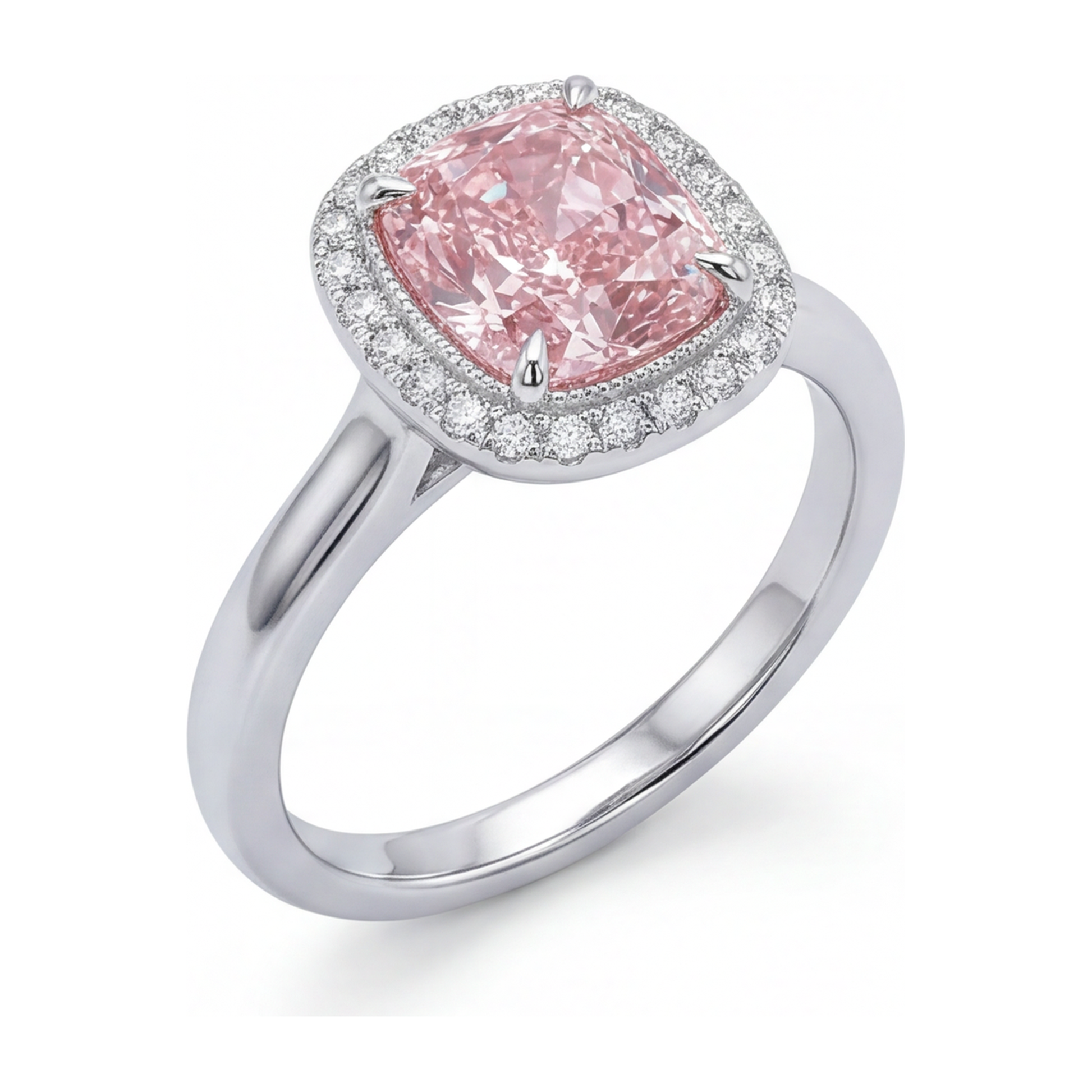2.75 Carat Cushion Pink Lab Grown Diamond and White Diamond Halo Ring 14K White Gold