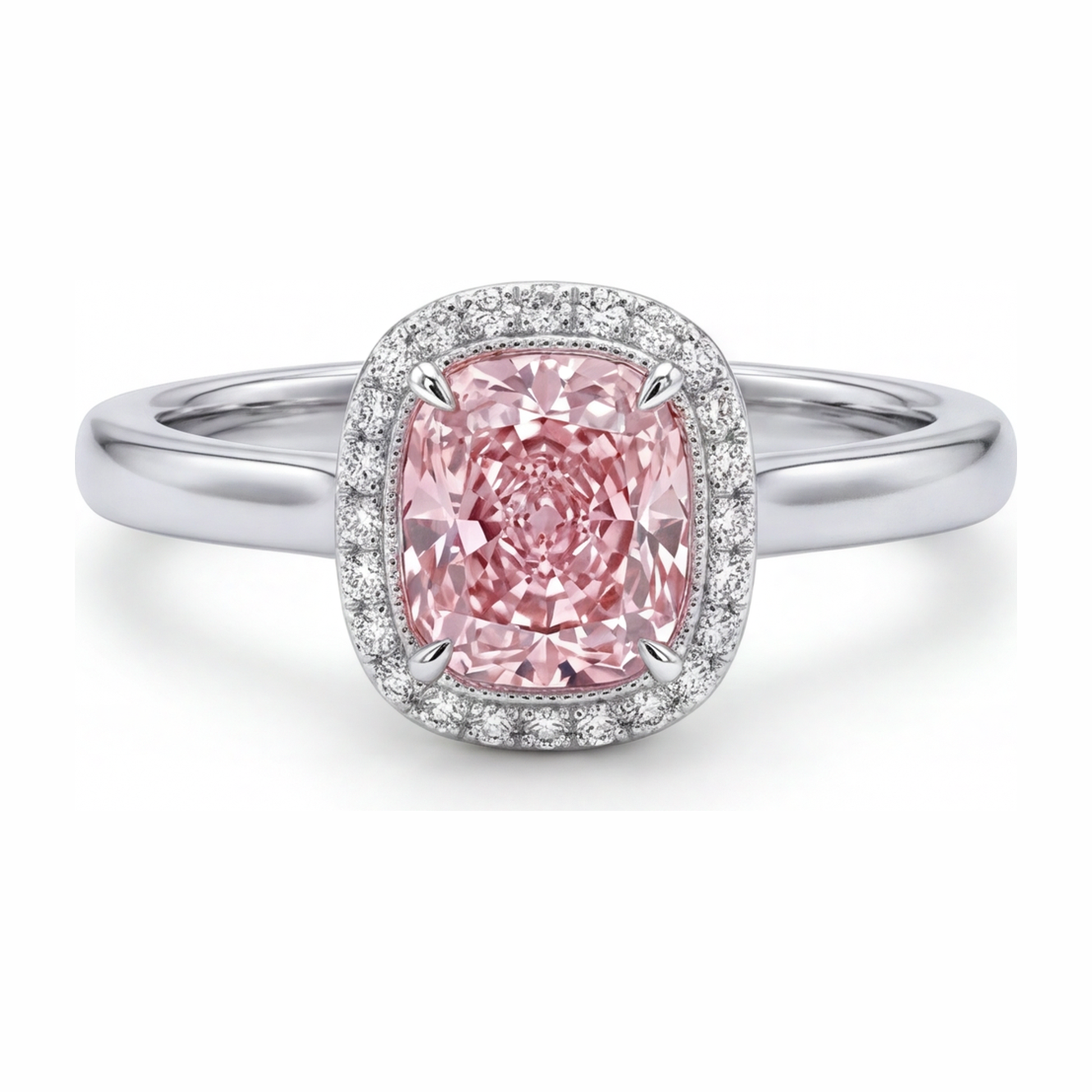 2.75 Carat Cushion Pink Lab Grown Diamond and White Diamond Halo Ring 14K White Gold