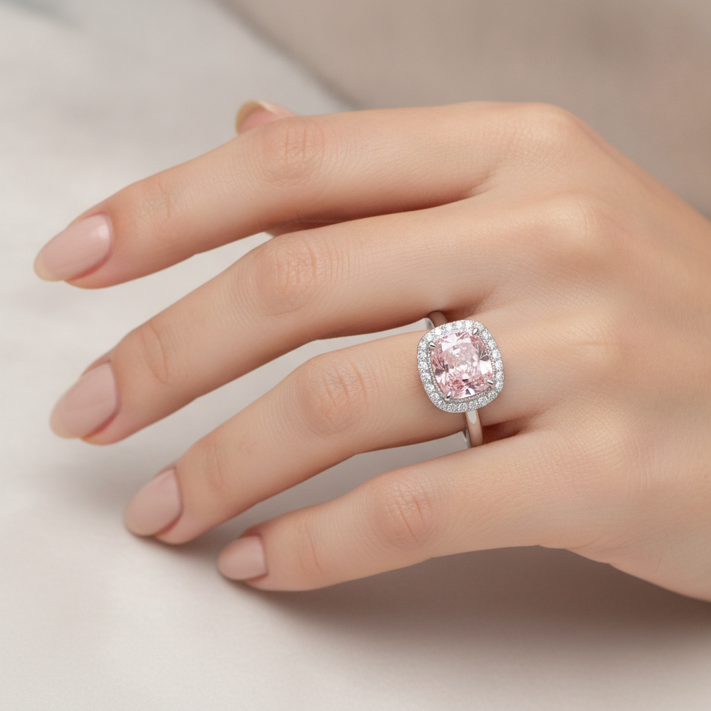 2.75 Carat Cushion Pink Lab Grown Diamond and White Diamond Halo Ring 14K White Gold worn