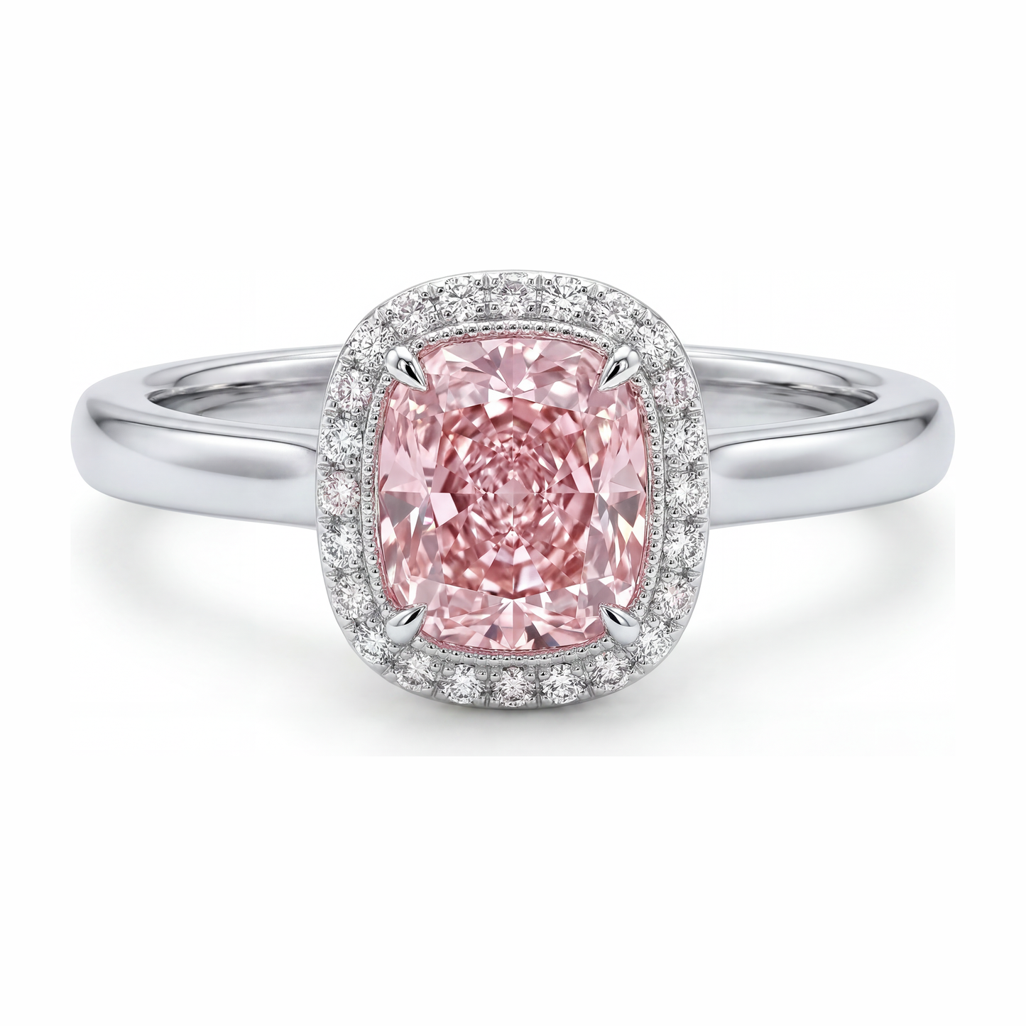 2.75 Carat Cushion Pink Lab Grown Diamond and White Diamond Halo Ring 14K White Gold