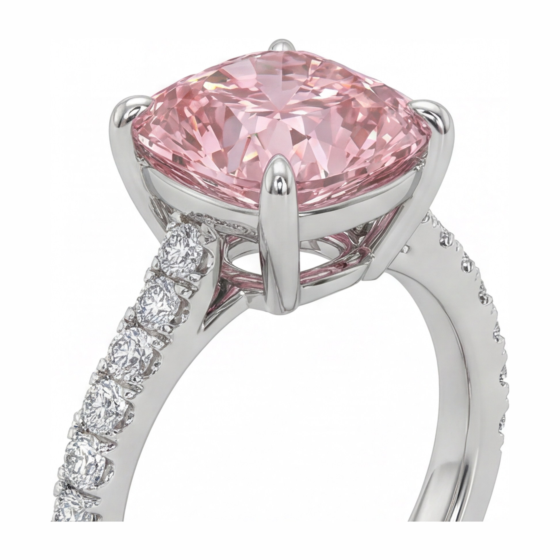 2.75 Carat Cushion Pink Lab Grown Diamond and White Diamond Pave Ring 14K White Gold