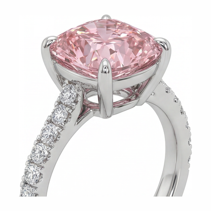 2.75 Carat Cushion Pink Lab Grown Diamond and White Diamond Pave Ring 14K White Gold
