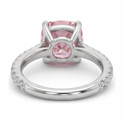 2.75 Carat Cushion Pink Lab Grown Diamond and White Diamond Pave Ring 14K White Gold