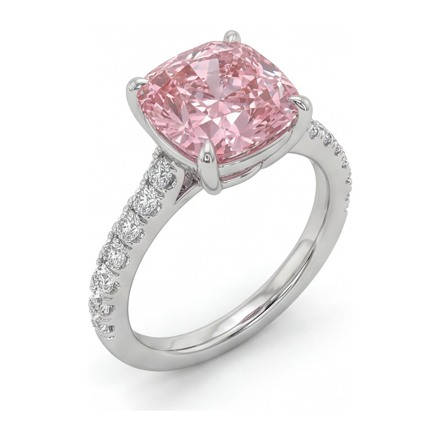 2.75 Carat Cushion Pink Lab Grown Diamond and White Diamond Pave Ring 14K White Gold