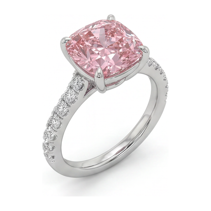 2.75 Carat Cushion Pink Lab Grown Diamond and White Diamond Pave Ring 14K White Gold