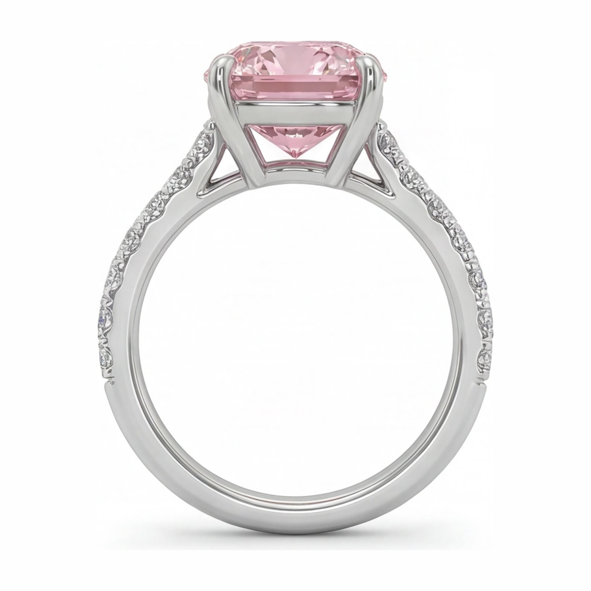 2.75 Carat Cushion Pink Lab Grown Diamond and White Diamond Pave Ring 14K White Gold
