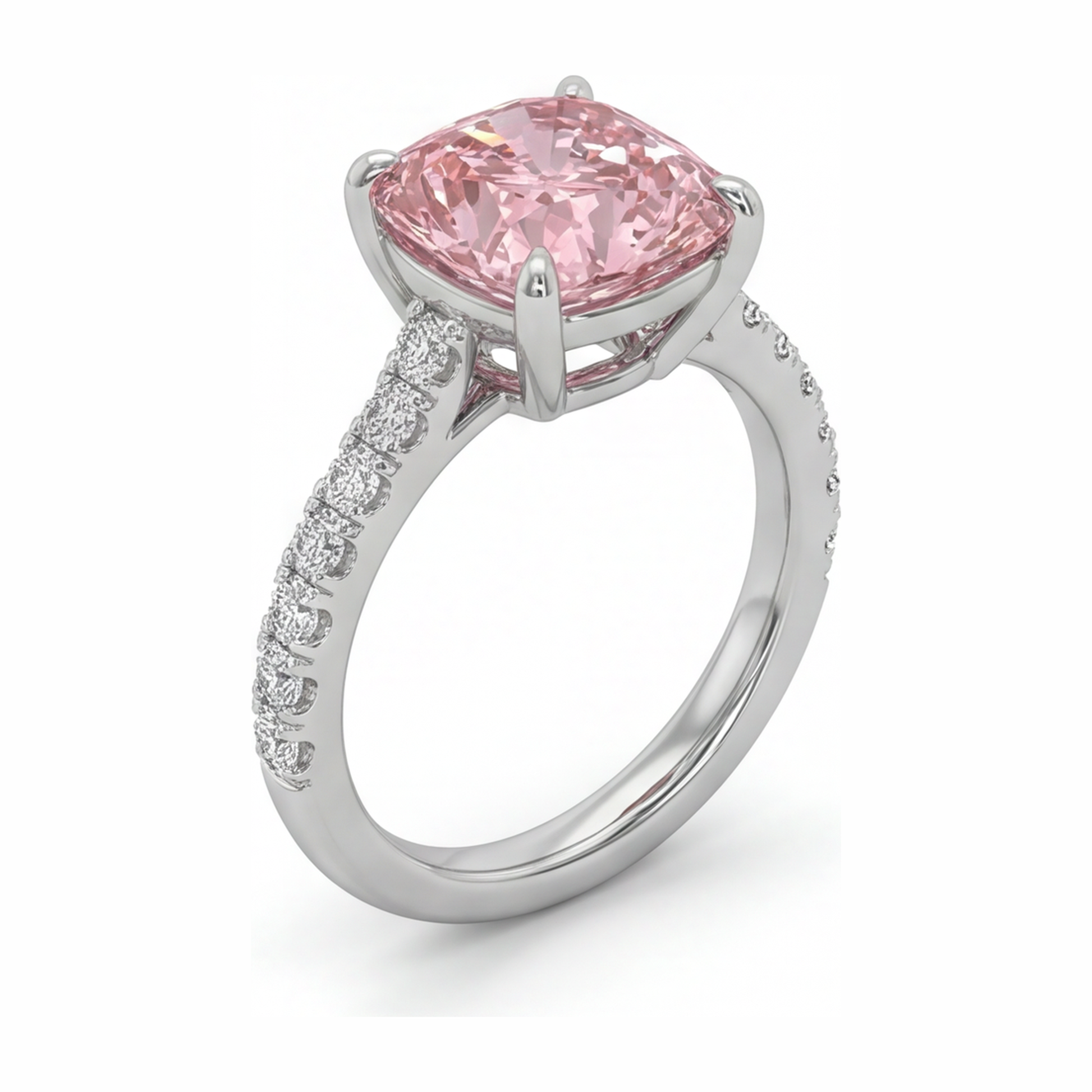 2.75 Carat Cushion Pink Lab Grown Diamond and White Diamond Pave Ring 14K White Gold