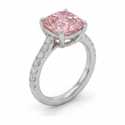 2.75 Carat Cushion Pink Lab Grown Diamond and White Diamond Pave Ring 14K White Gold