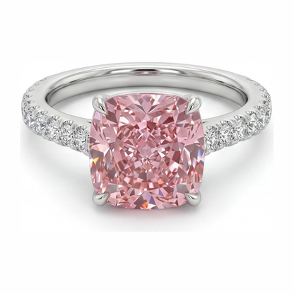 2.75 Carat Cushion Pink Lab Grown Diamond and White Diamond Pave Ring 14K White Gold