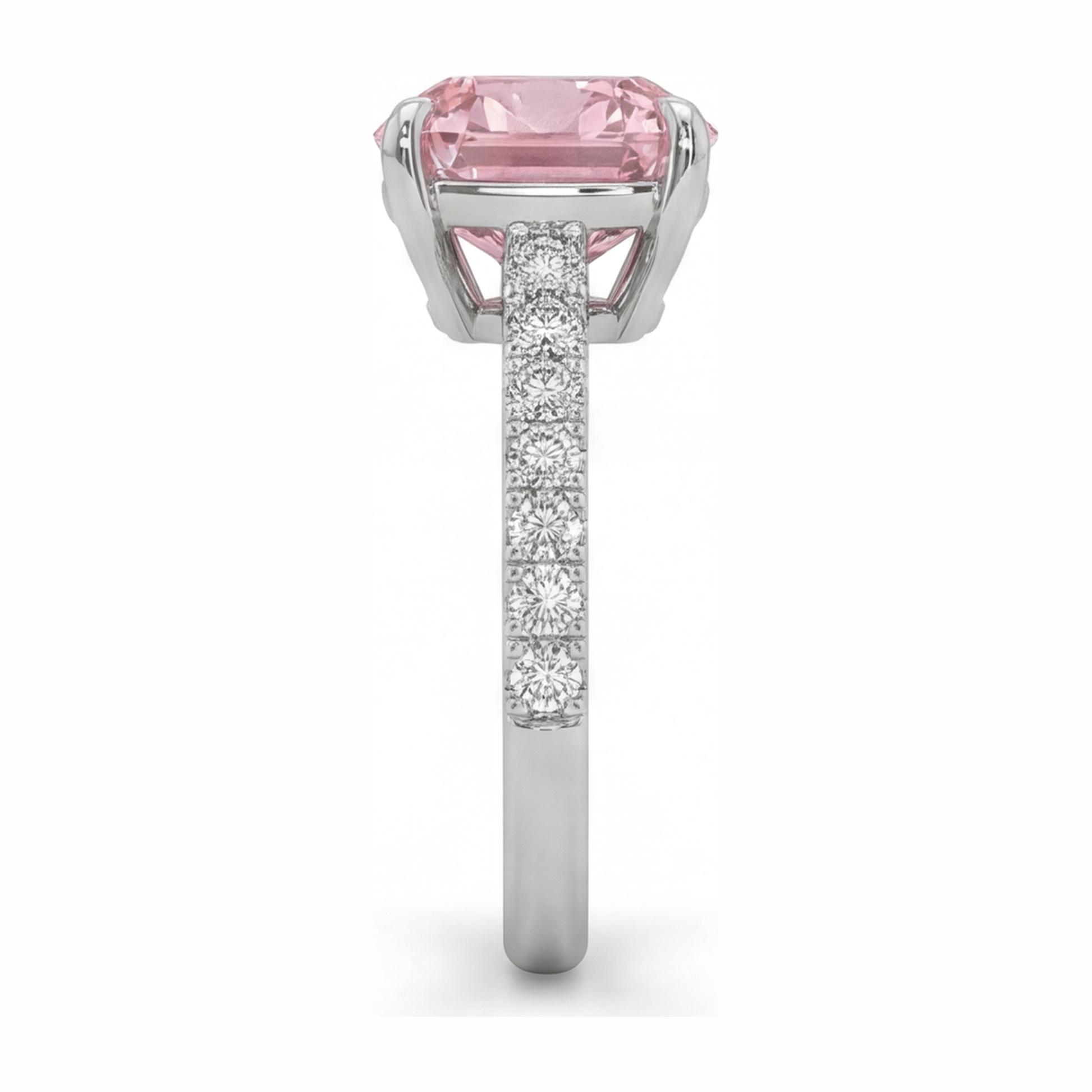 2.75 Carat Cushion Pink Lab Grown Diamond and White Diamond Pave Ring 14K White Gold