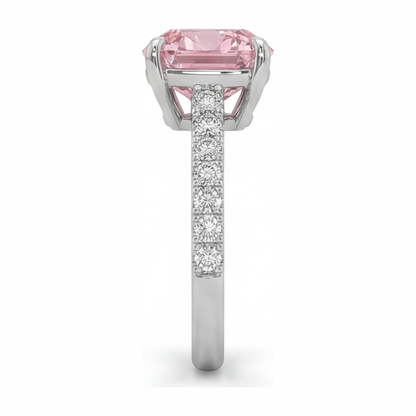 2.75 Carat Cushion Pink Lab Grown Diamond and White Diamond Pave Ring 14K White Gold