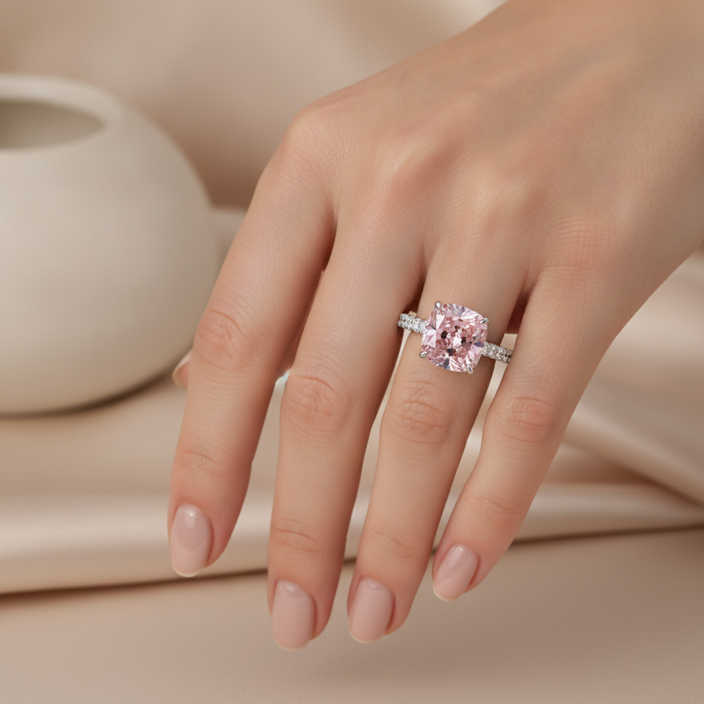 2.75 Carat Cushion Pink Lab Grown Diamond and White Diamond Pave Ring 14K White Gold worn