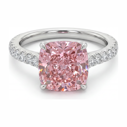 2.75 Carat Cushion Pink Lab Grown Diamond and White Diamond Pave Ring 14K White Gold