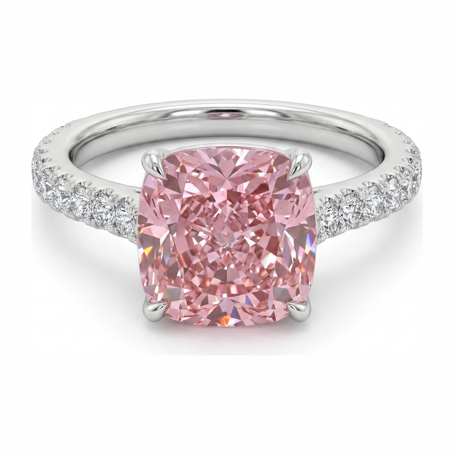 2.75 Carat Cushion Pink Lab Grown Diamond and White Diamond Pave Ring 14K White Gold