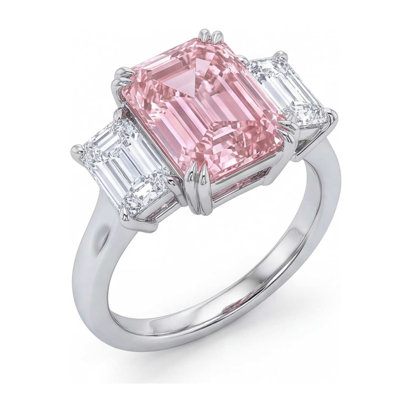 2.75 Carat Emerald Pink Lab Grown Diamond and White Diamond Three Stone Ring 14K White Gold