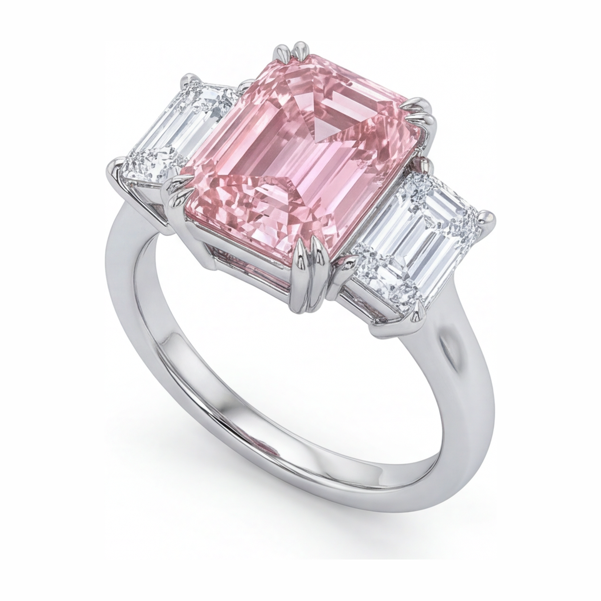2.75 Carat Emerald Pink Lab Grown Diamond and White Diamond Three Stone Ring 14K White Gold