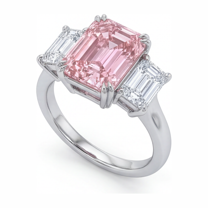 2.75 Carat Emerald Pink Lab Grown Diamond and White Diamond Three Stone Ring 14K White Gold