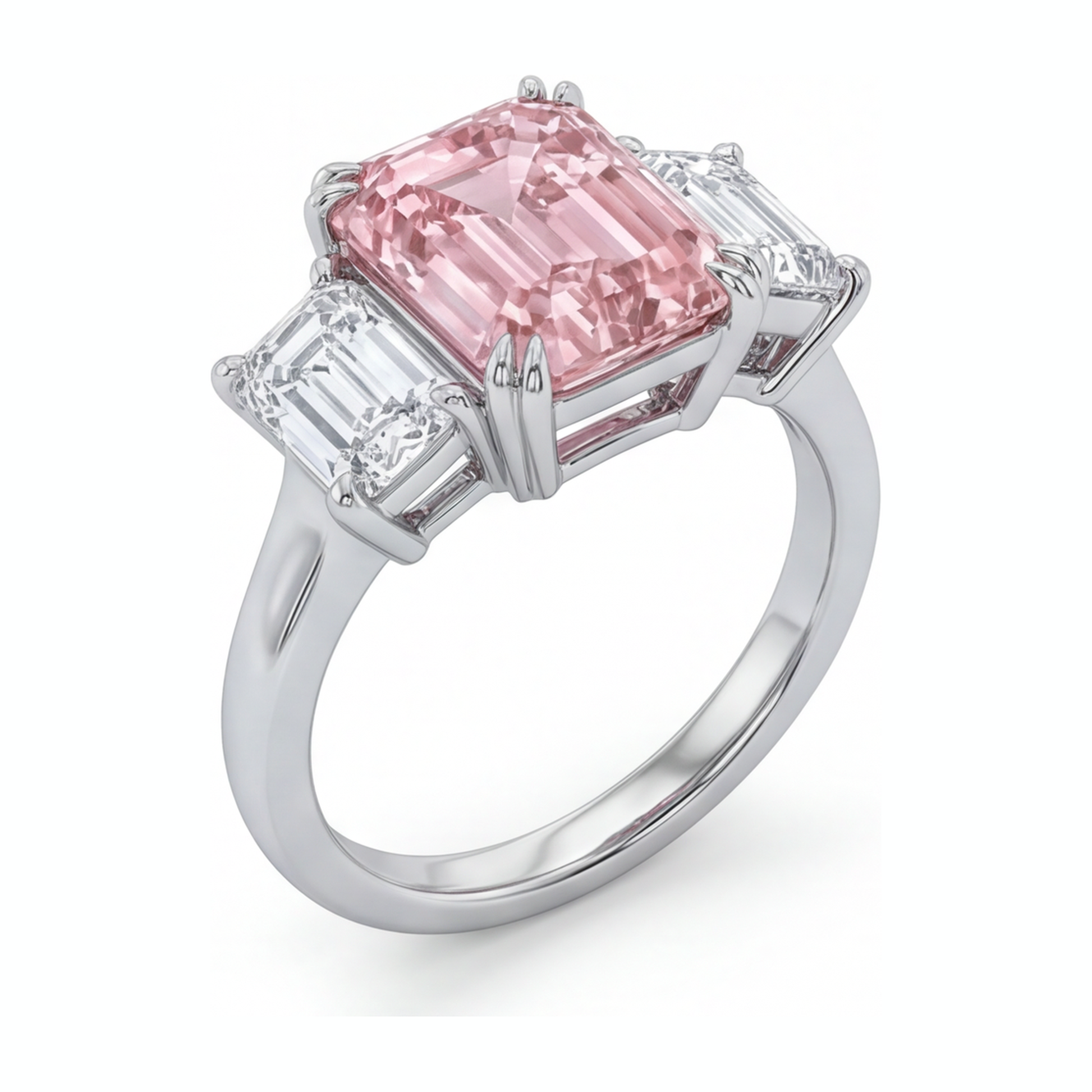 2.75 Carat Emerald Pink Lab Grown Diamond and White Diamond Three Stone Ring 14K White Gold