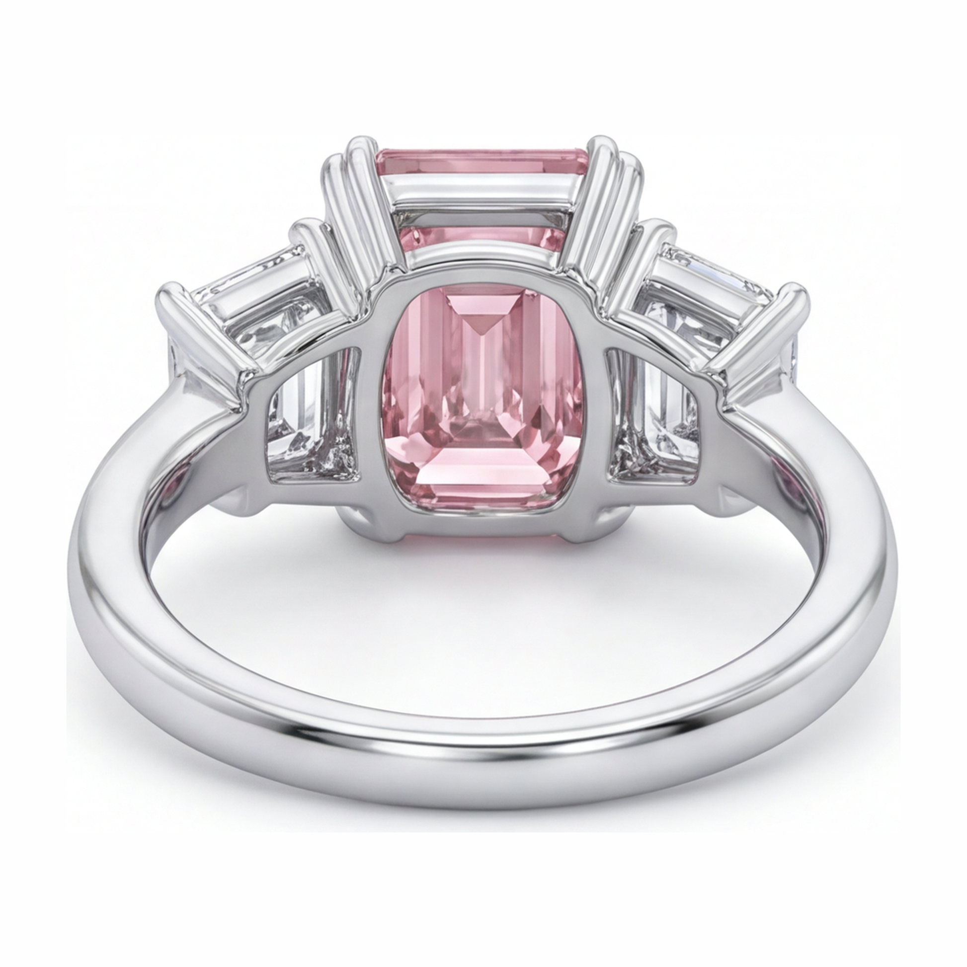 2.75 Carat Emerald Pink Lab Grown Diamond and White Diamond Three Stone Ring 14K White Gold