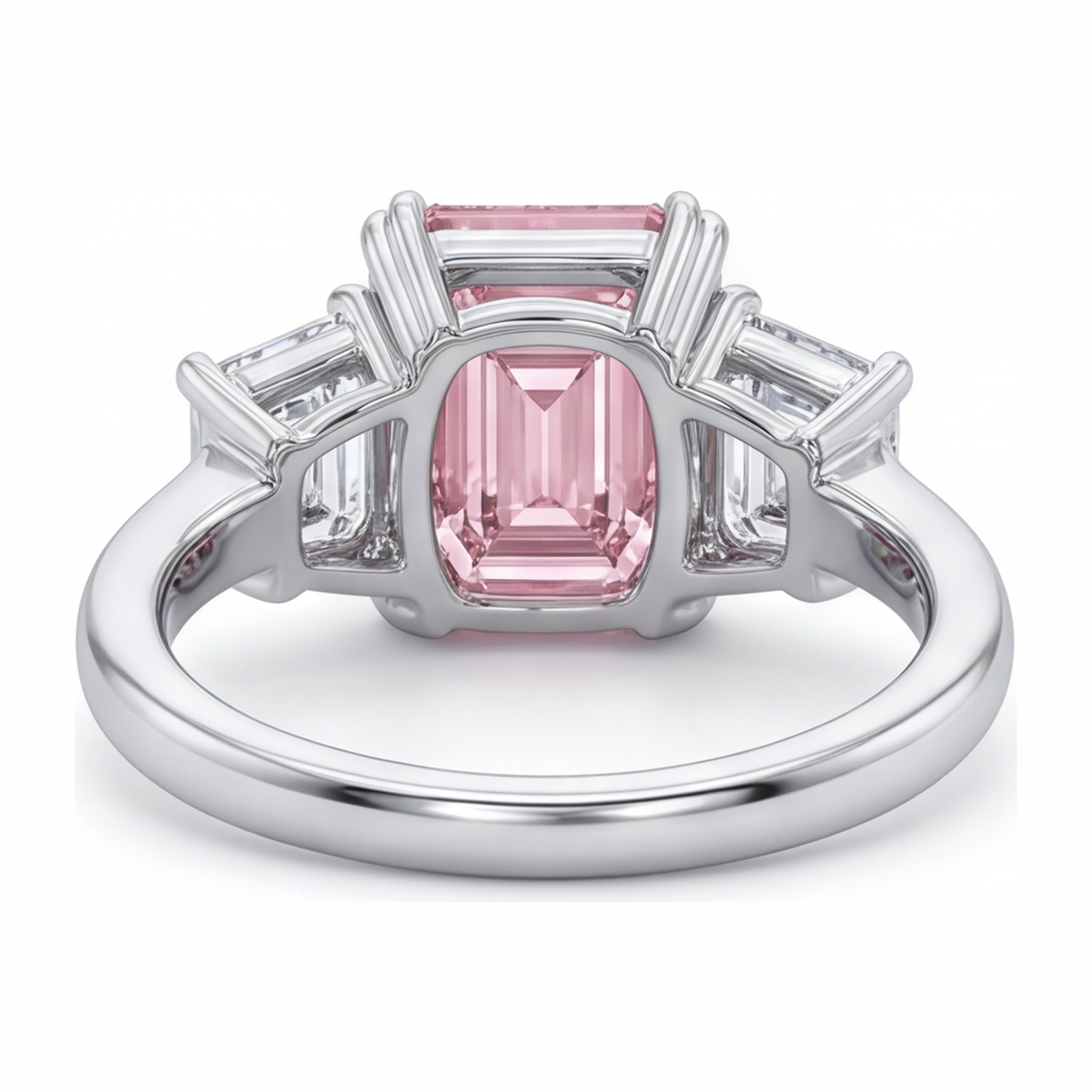 2.75 Carat Emerald Pink Lab Grown Diamond and White Diamond Three Stone Ring 14K White Gold