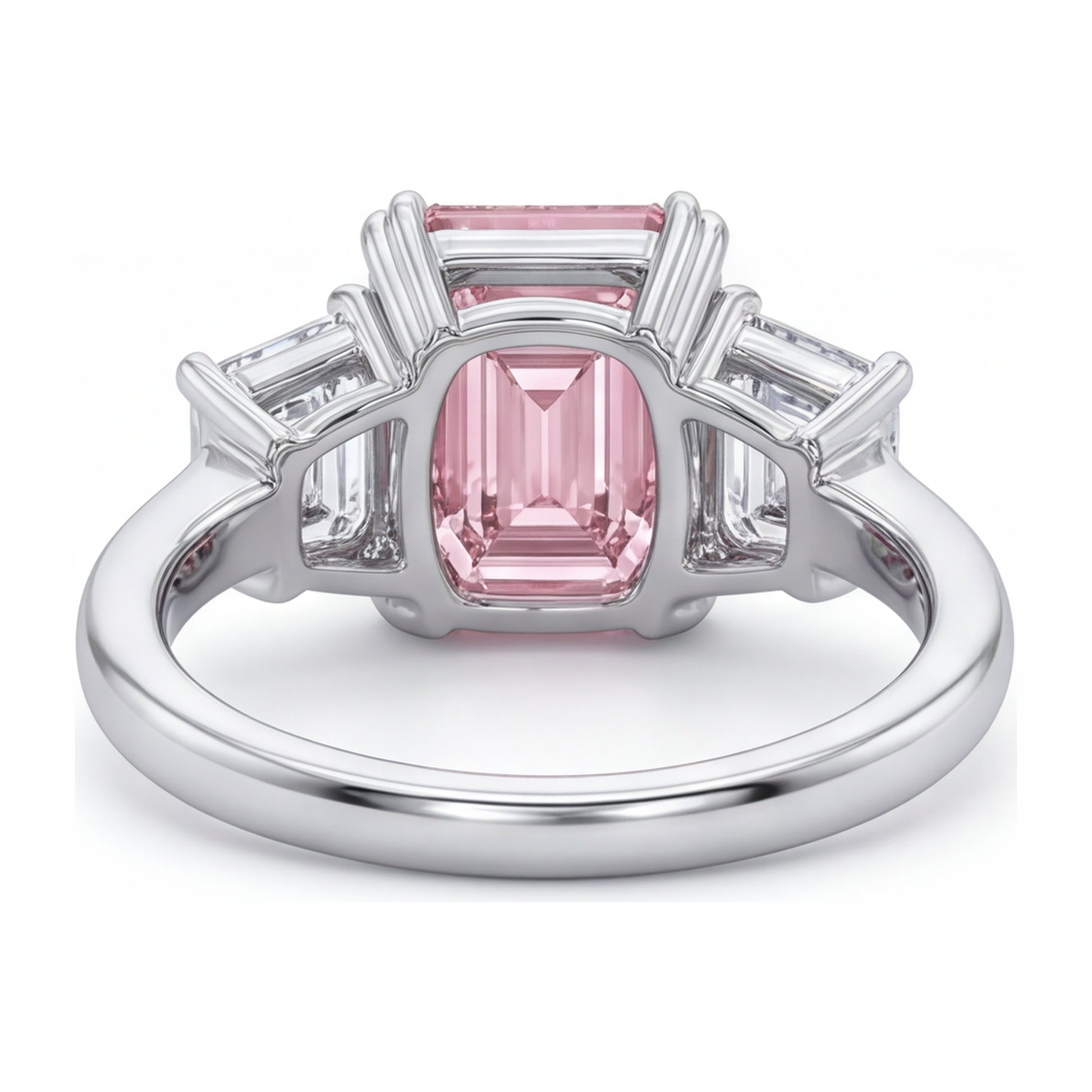 2.75 Carat Emerald Pink Lab Grown Diamond and White Diamond Three Stone Ring 14K White Gold