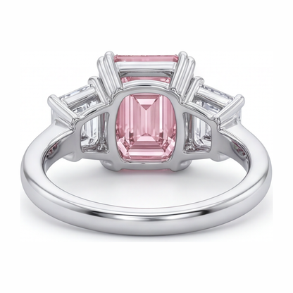 2.75 Carat Emerald Pink Lab Grown Diamond and White Diamond Three Stone Ring 14K White Gold