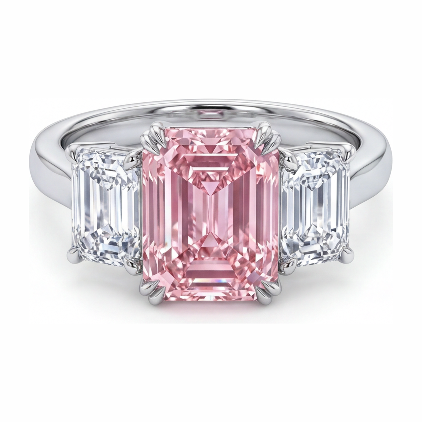 2.75 Carat Emerald Pink Lab Grown Diamond and White Diamond Three Stone Ring 14K White Gold